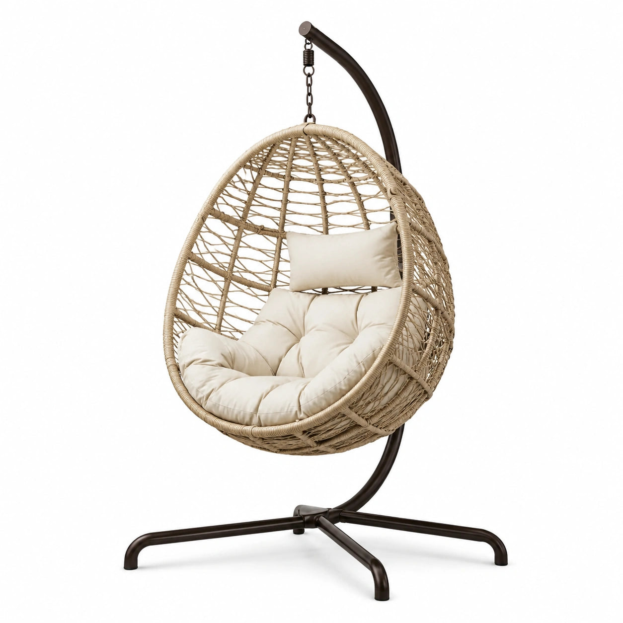 Sillón colgante de rattan sintético y acero con cojines de poliéster beige