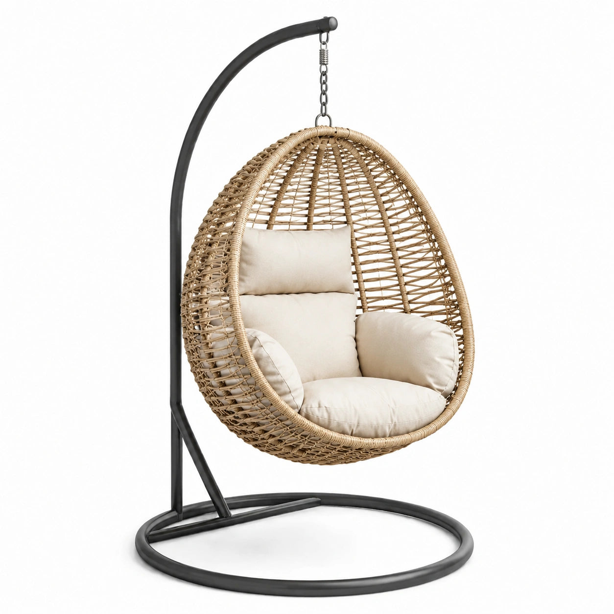 Sillón colgante de ratán sintético beige con estructura de acero