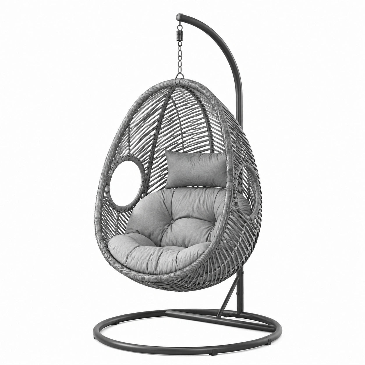 Sillón colgante de ratán sintético gris con cojines y estructura de acero