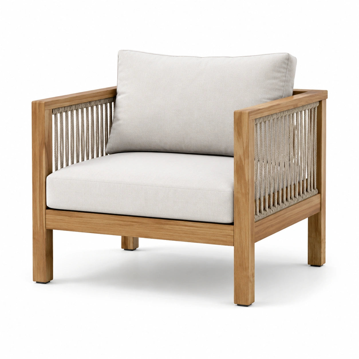Sillón de madera de teca y cuerda beige