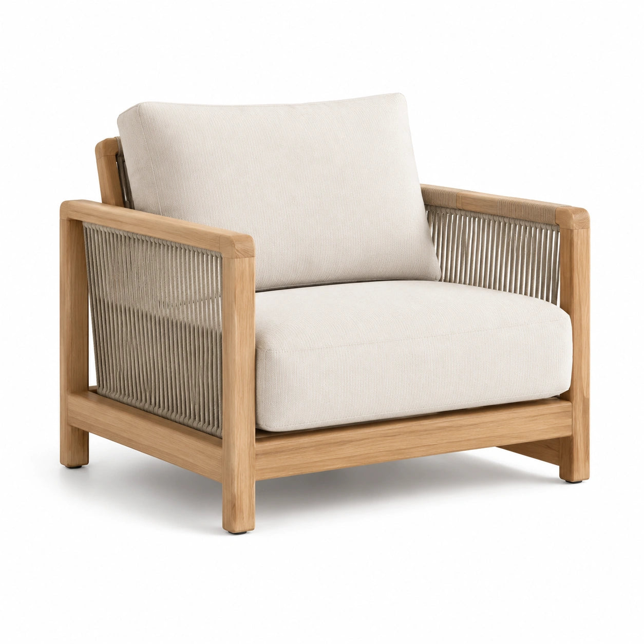 Sillón de madera de teca con cuerda y cojines de poliéster beige