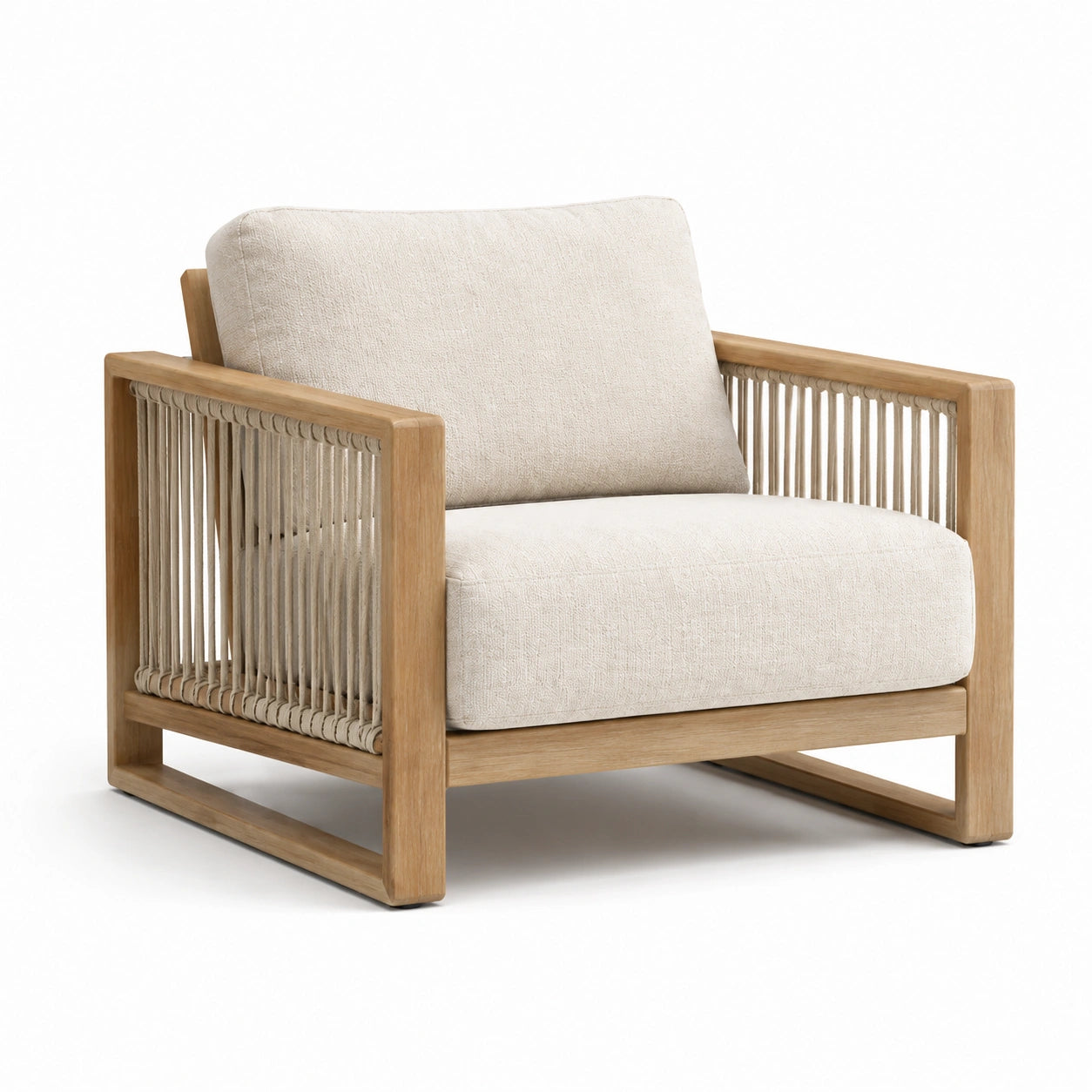 Sillón de madera de teca y cuerda con cojines de poliéster beige