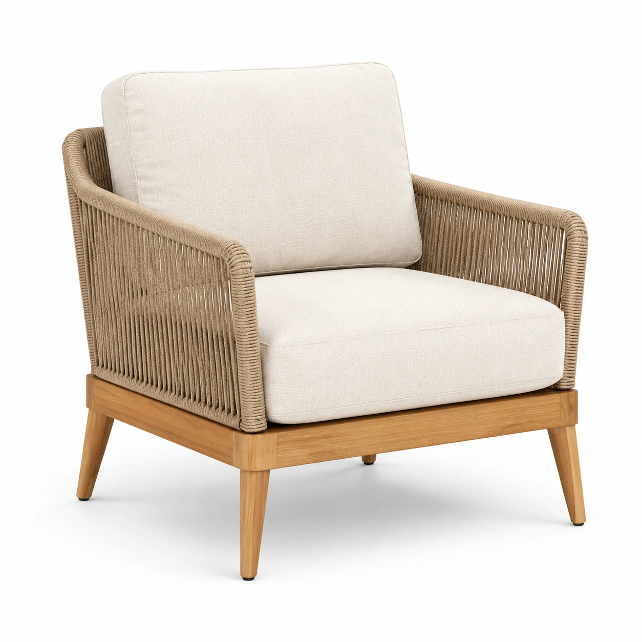 Sillón de cuerda y madera de teca beige para exterior