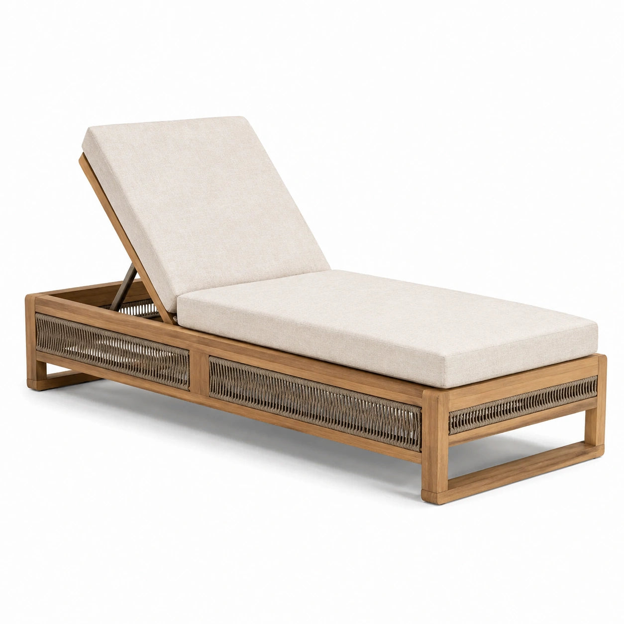 Tumbona de madera de teca y cuerda sintética beige con cojines de poliéster