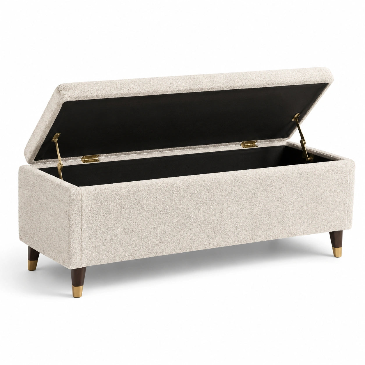 Banco de almacenamiento de tela beige con patas de madera
