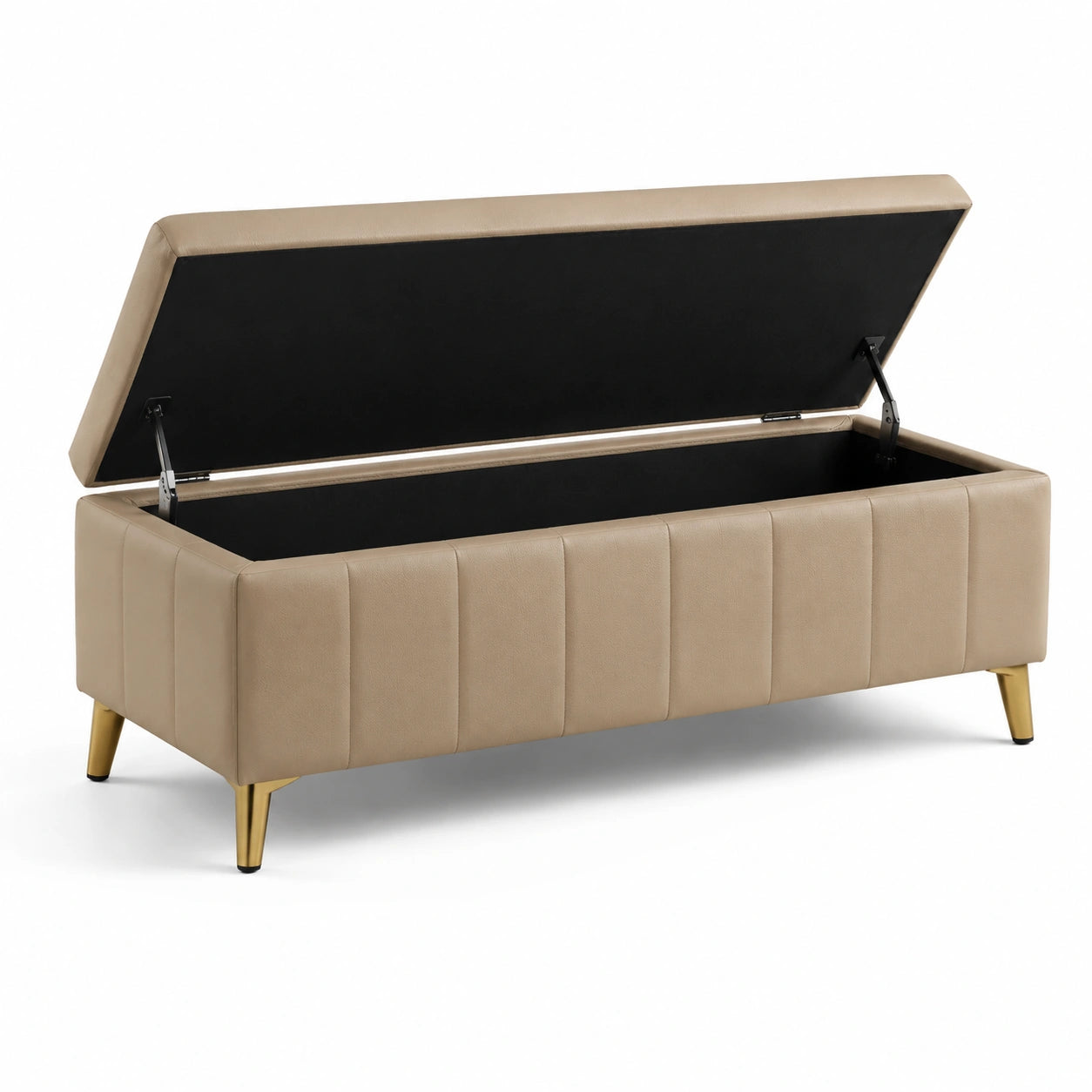 Banco de almacenamiento de cuero PU con patas de metal color beige