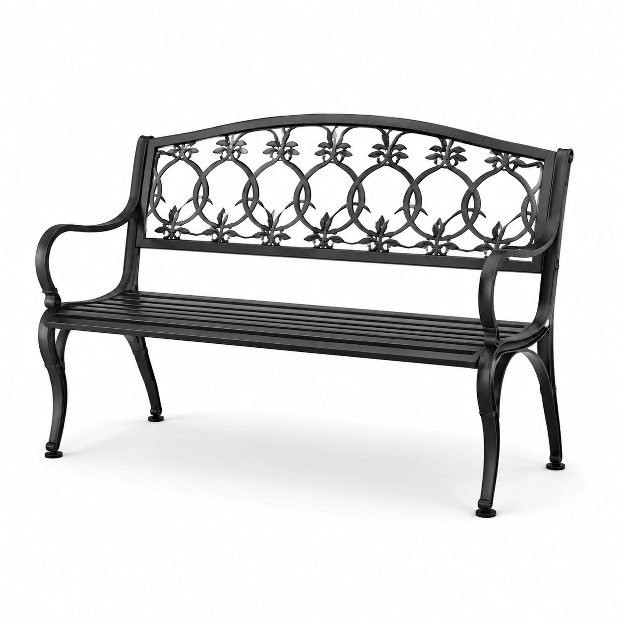 Banco de jardín de hierro fundido negro con respaldo decorativo 127 cm