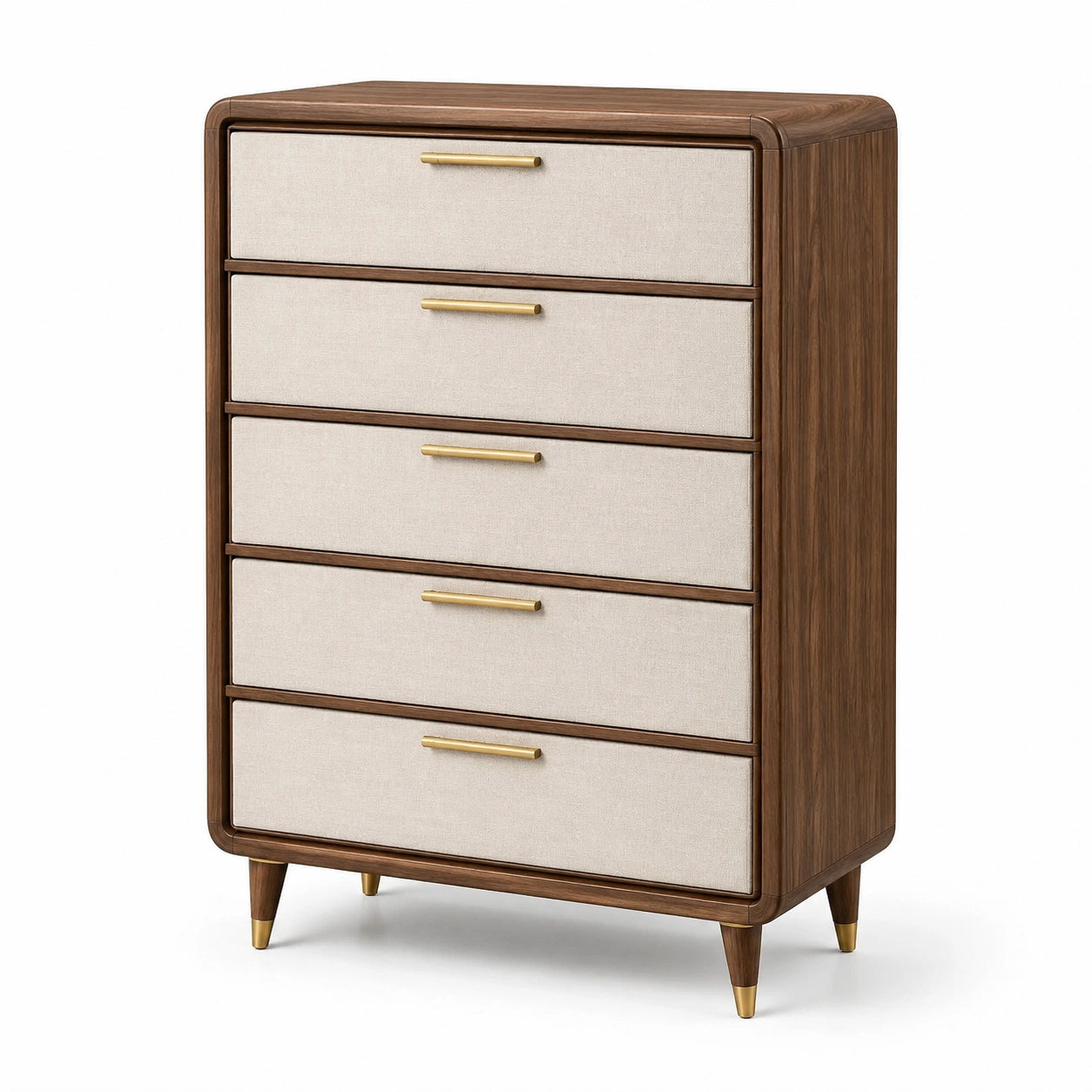 Cajonera de madera con frentes de tela crema y patas de metal dorado