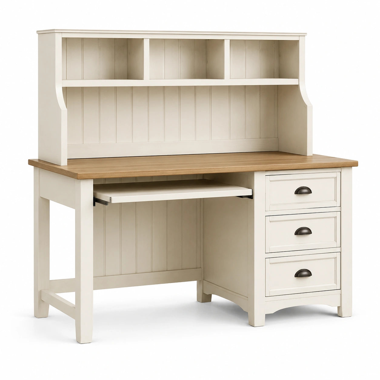 Escritorio de MDF y roble con estantería y cajones color crema