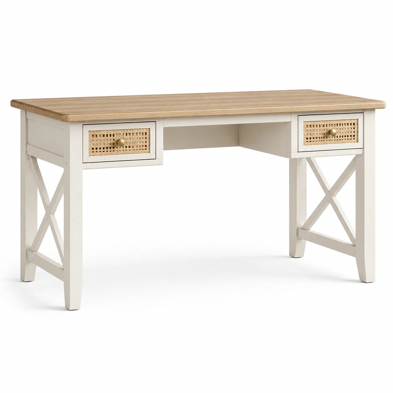 Escritorio de madera con tablero de roble y cajones de ratán 120x55x75 cm