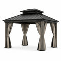 Gazebo de metal y madera con techo y cortinas