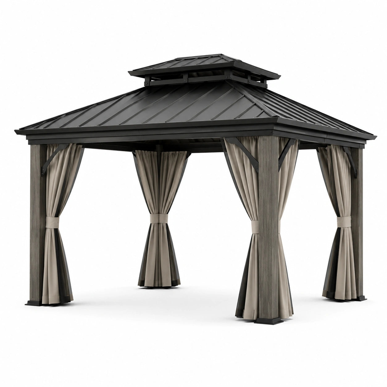 Gazebo de metal y madera con techo y cortinas