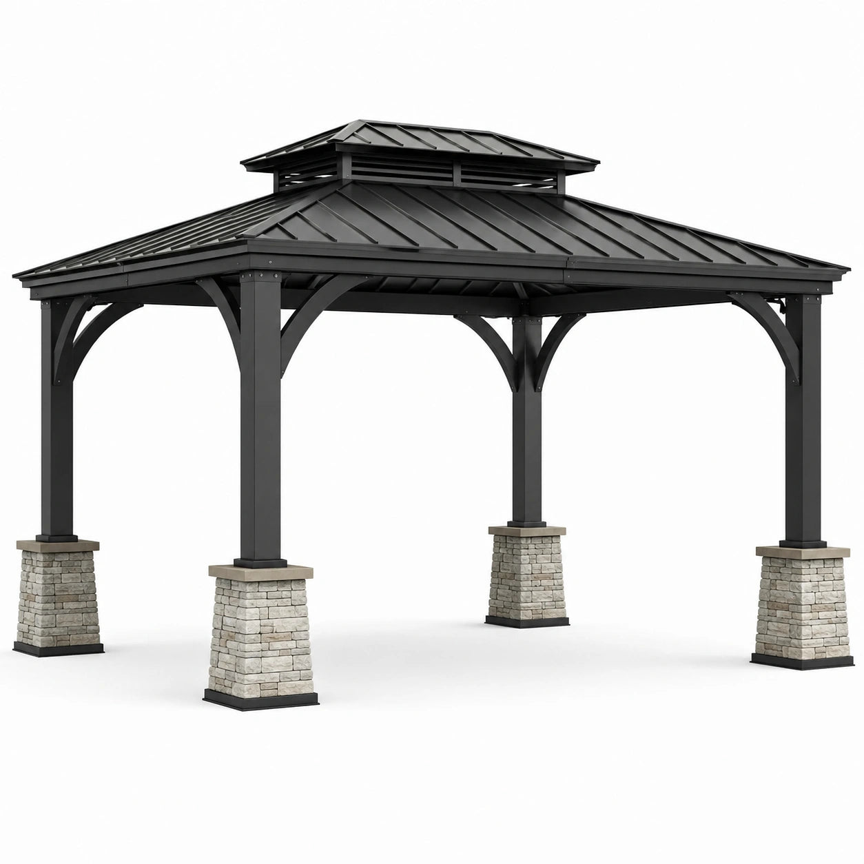 Gazebo de Acero Negro con Base de Piedra
