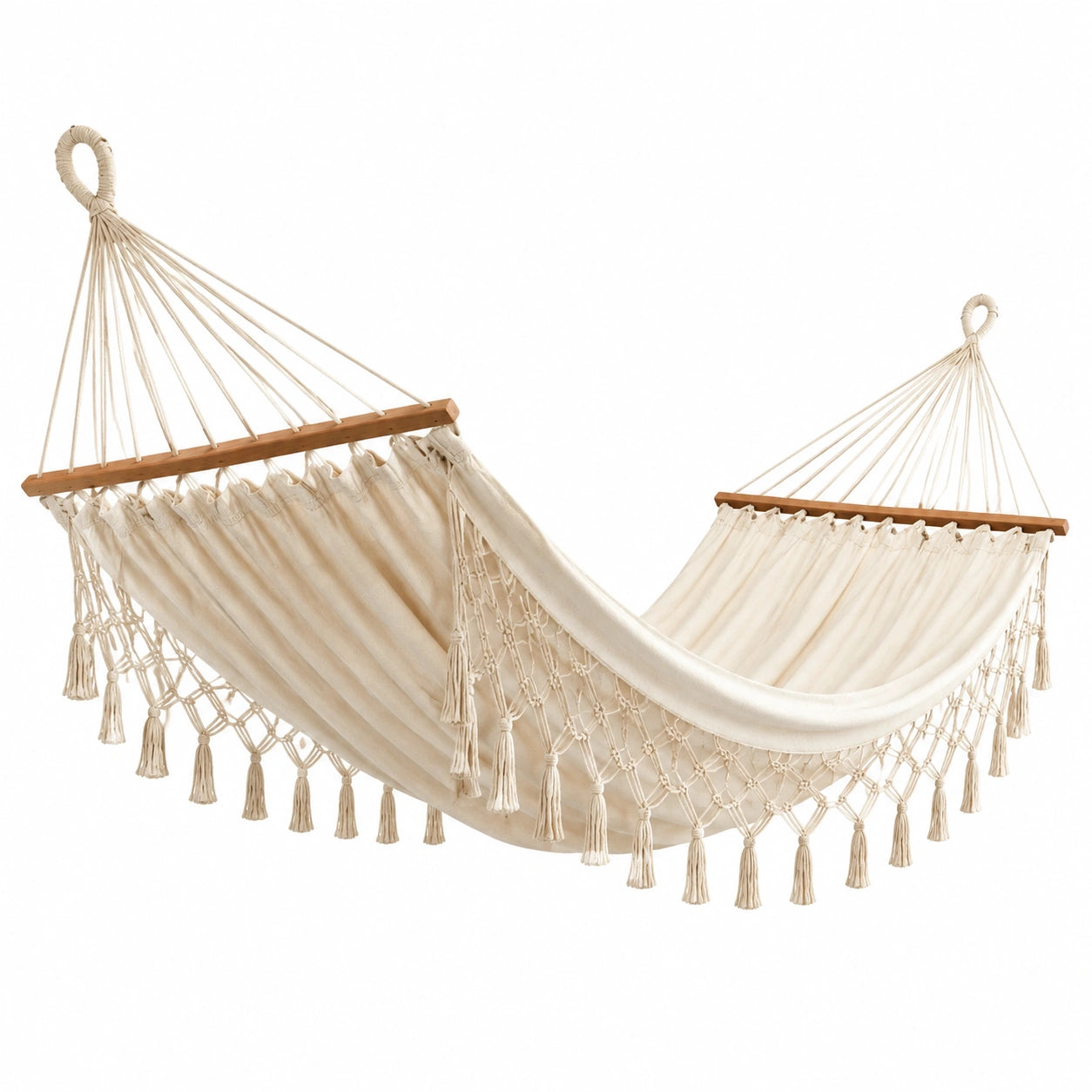 Hamaca de algodón con barras de madera 200x150 cm crema